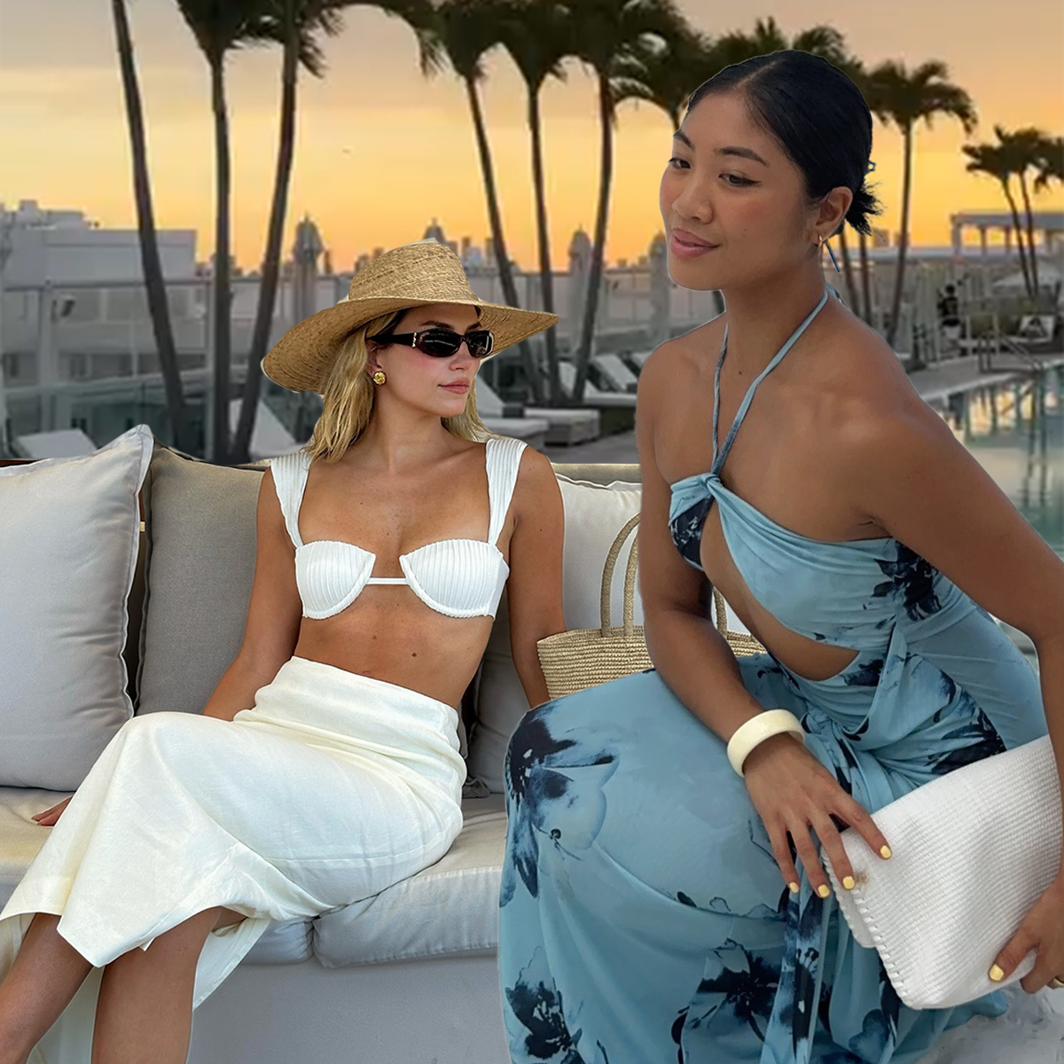 @cassdimicco wearing a white bikini top, straw hat, and white lace skirt; @jeannine.roxas wearing a floral blue dress; @lisadnyc in Miami, Florida