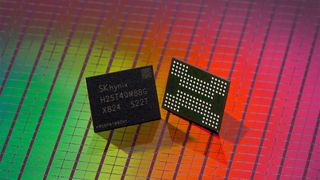 A promotional image by SK Hynix, showing two 321-layer QLC NAND flash modules with a flash memory wafer in the background.