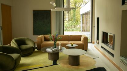 A contemporary living room decorated in a green tonal palette with an art-inspired rug
