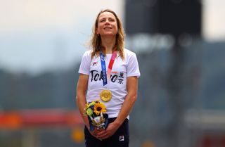 Annemiek van Vleuten on the time trial podium at the Olympics in Tokyo