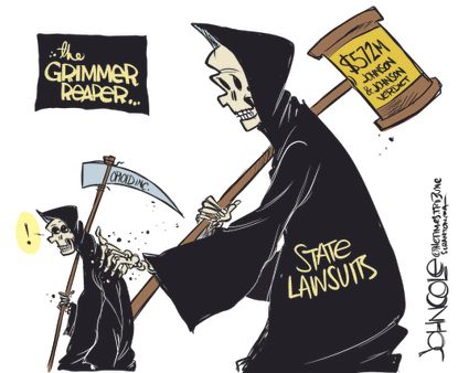Political Cartoon U.S. Grim Reaper Opioid Epidemic Johnson and Johnson Lawsuit