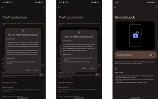 Three screenshots showing Android's Theft Detection, Offline Device Lock and Remote Lock features