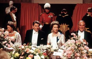 The Queen With President Reagan At A State Banquet At Windsor Castle.