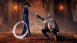 The Duskbloods character holding a chakram receiving a proposal from a kneeling knight