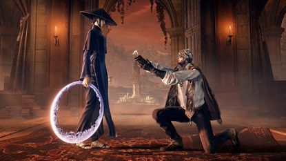 The Duskbloods character holding a chakram receiving a proposal from a kneeling knight