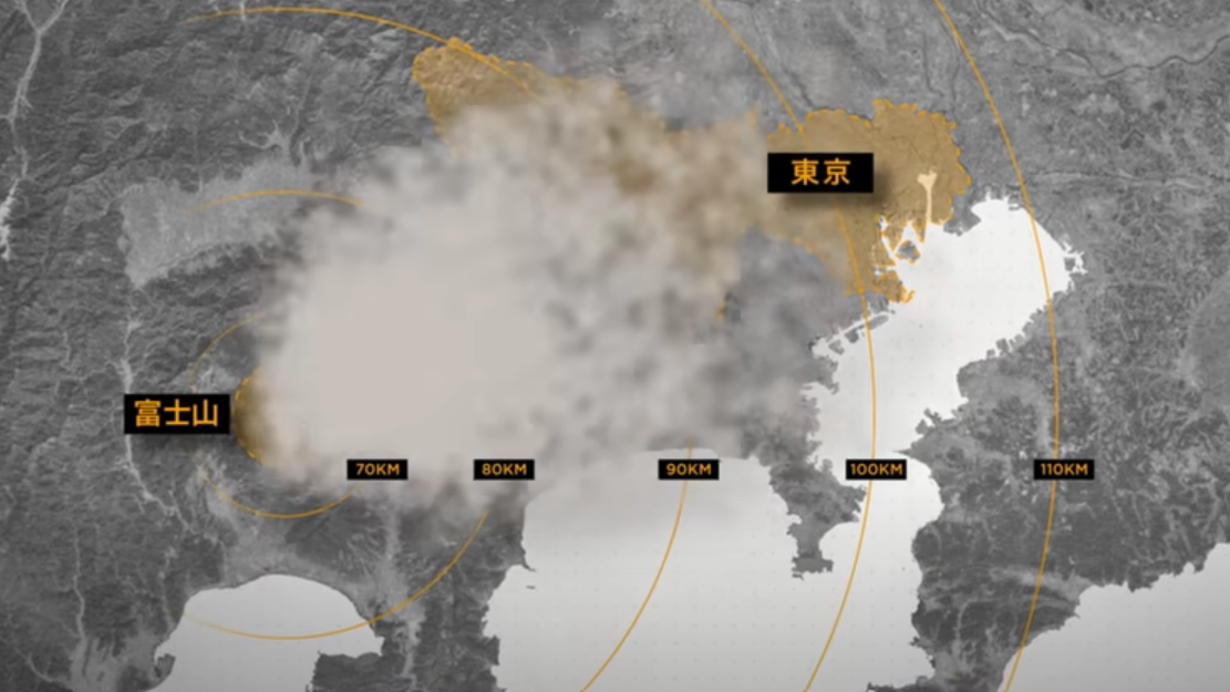 A screenshot of a map showing how ash clouds could travel from Mount Fuji to Tokyo during a volcanic eruption.