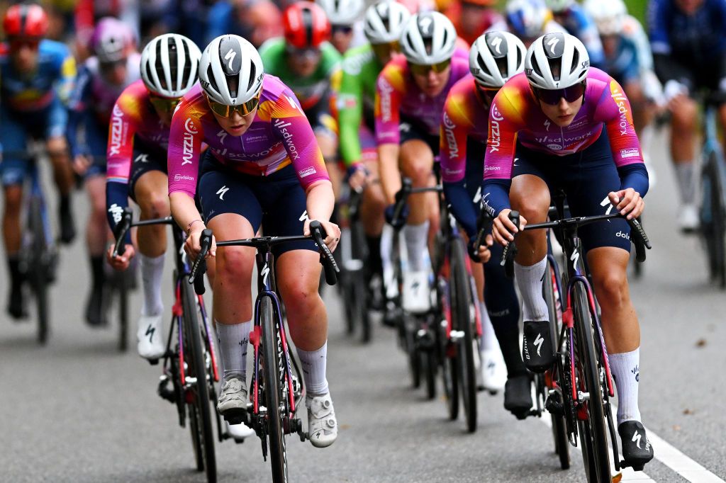 ARNHEM NETHERLANDS OCTOBER 13 LR Lonneke Uneken of The Netherlands and Femke Gerritse of The Netherlands and Team SD Worx Protime lead the peloton during the 26th Simac Ladies Tour 2024 Stage 6 a 1458km stage from Arnhem to Arnhem UCIWWT on October 13 2024 in Arnhem Netherlands Photo by Luc ClaessenGetty Images