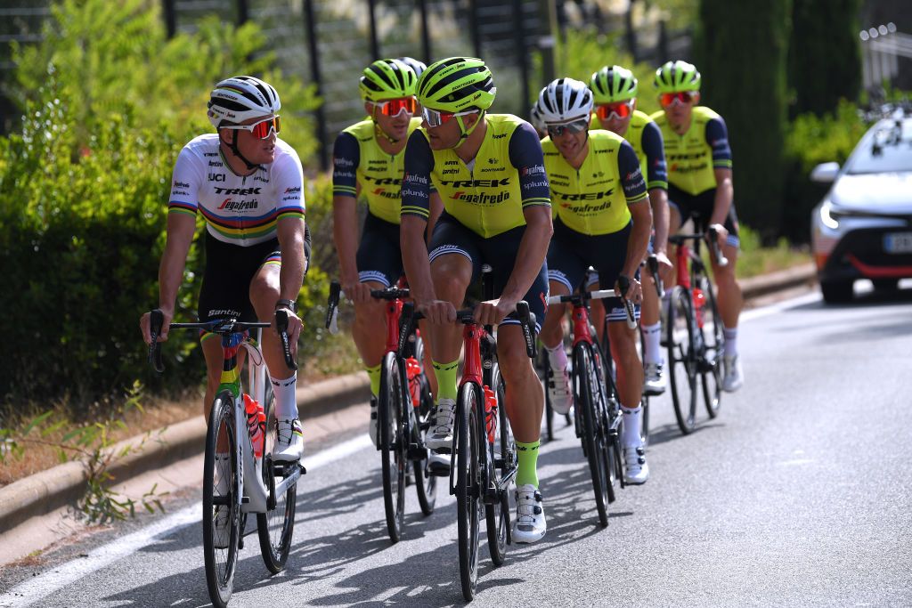 NICE FRANCE AUGUST 28 Mads Pedersen of Denmark and Team Trek Segafredo Jasper Stuyven of Belgium and Team Trek Segafredo during the 107th Tour de France 2020 Team Trek Segafredo Training TDF2020 LeTour on August 28 2020 in Nice France Photo by Tim de WaeleGetty Images