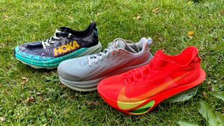 from left to right: the Hoka Speedgoat 6, Saucony Hurricane 25 and the Nike Alphafly 3.