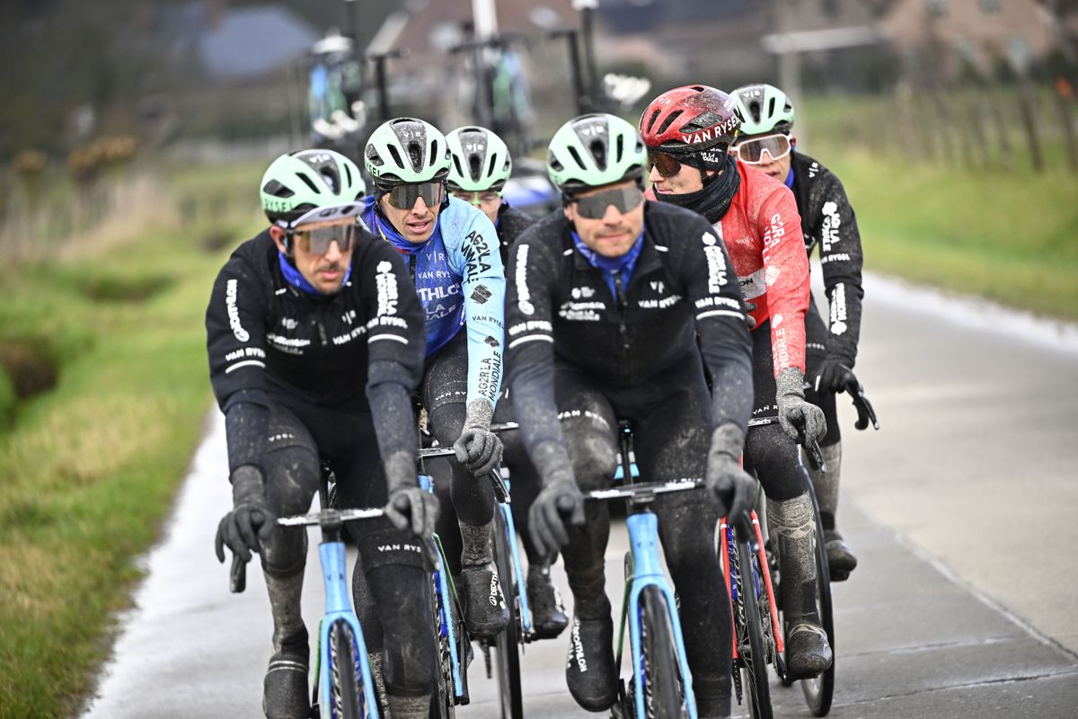 Mandatory Credit Photo by Shutterstock 15170876mAG2R riders pictured in action during a track reconnaissance session ahead this weekends oneday cycling race Omloop Het Nieuwsblad opening race of the Flemish classic one day races season Cycling Omloop Track Reconnaissance Gent Belgium 27 Feb 2025