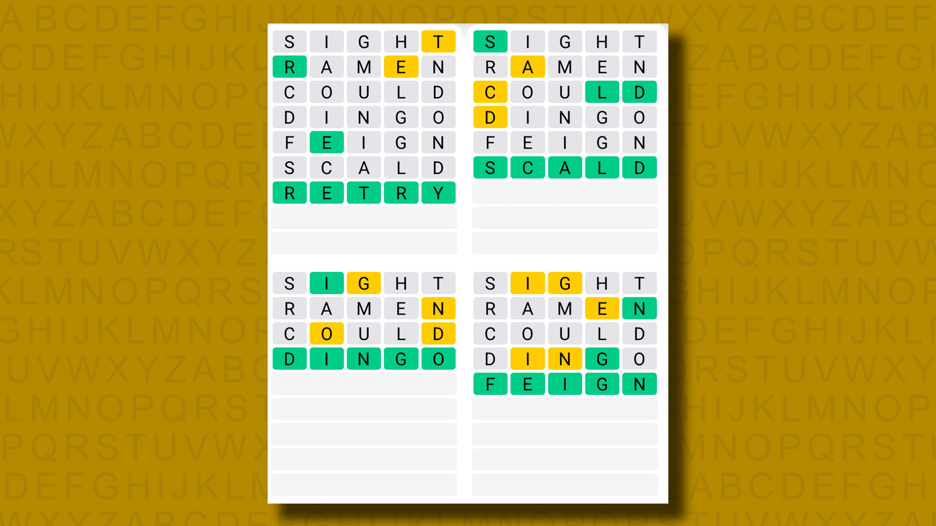Quordle answers for game 1239 on a yellow background