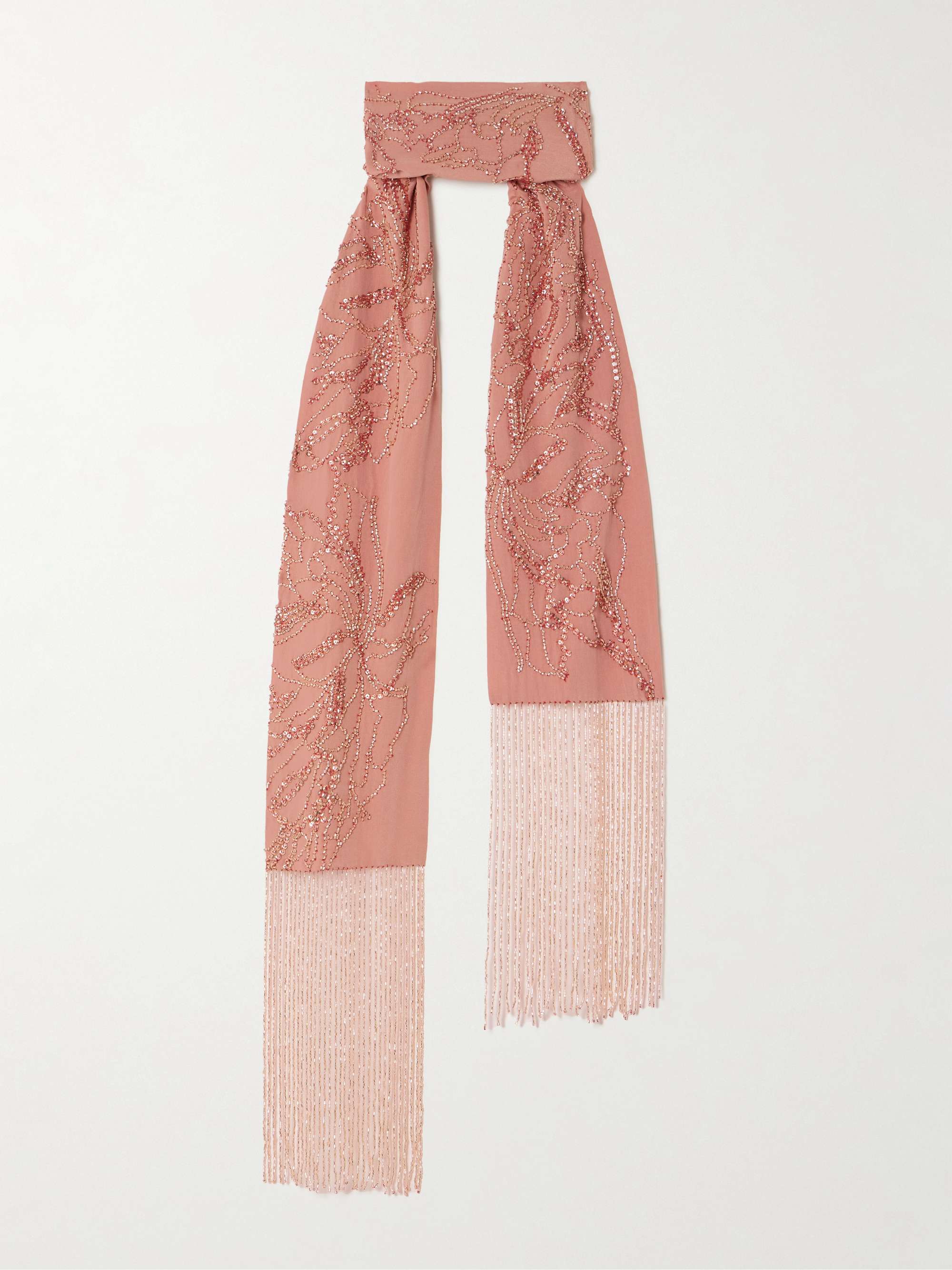 Fringed Bead-Embellished Silk Scarf