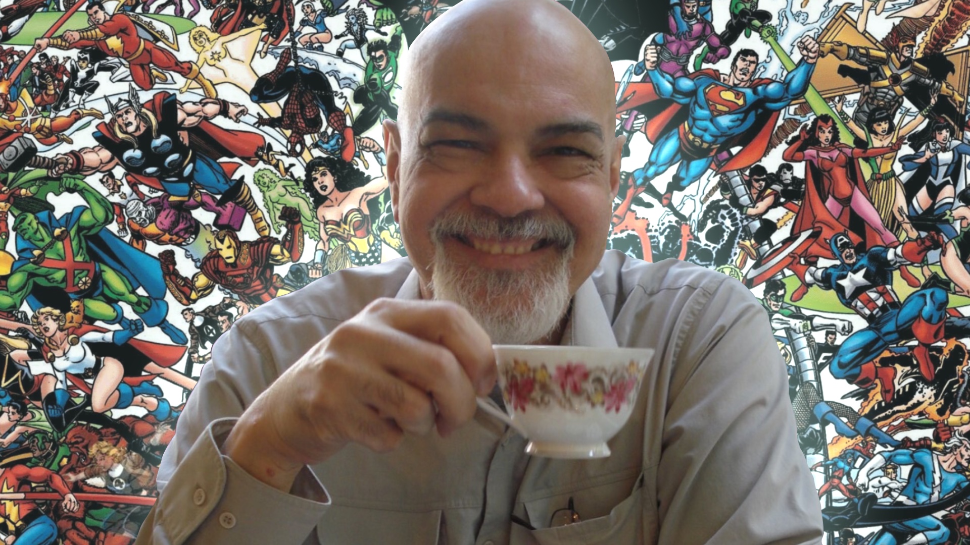 George Pérez photo courtesy the artist in a collage with art from JLA/Avengers