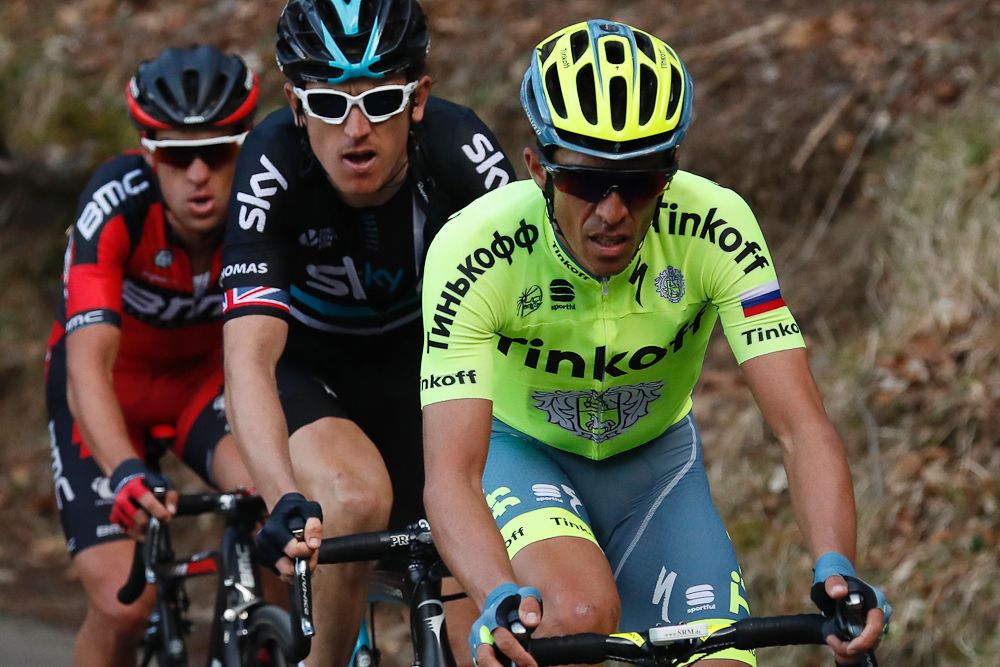 Alberto Contador leads Geraint Thomas and Richie Porte near the end of stage 6 at Paris-Nice.