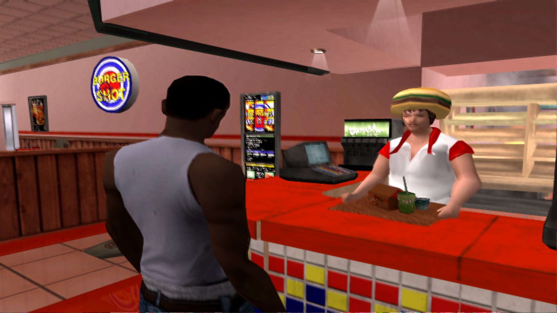 GTA: San Andreas screenshot of CJ at a burger fast food restaurant ordering food