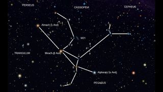 The Andromeda constellation with all Bayer-designated stars marked and the IAU figure drawn in.