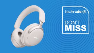 Bose QuietComfort Bluetooth Wireless Headphones in White on blue background with TechRadar don&#039;t miss sign on right