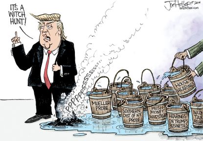 Political Cartoon U.S. Trump Witch hunt roger stone Russia Hush money investigation