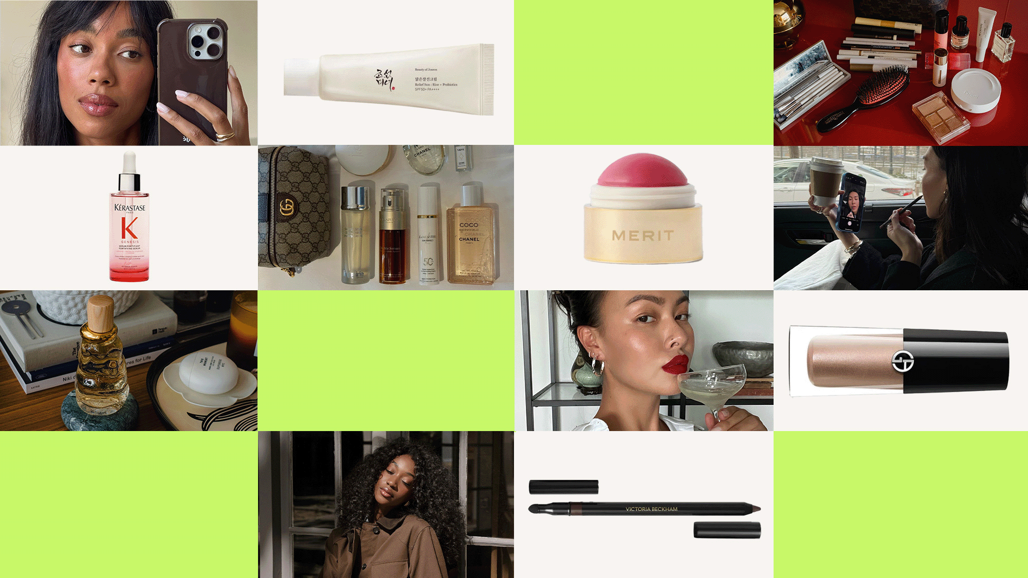 A collage of beauty lifestyle imagery and some of the bestselling beauty products of 2025