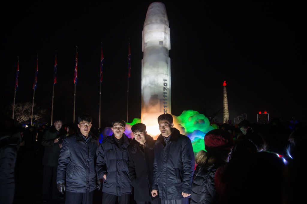 Ice sculpture depicting a Hwasong-15 intercontinental ballistic missile at Pyongyang.