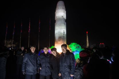 Ice sculpture depicting a Hwasong-15 intercontinental ballistic missile at Pyongyang.
