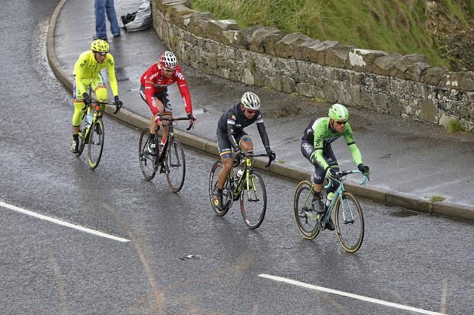 The breakaway Jeffry Johan Romero Corredor (Colombia), Maarten Tjallingii (Belkin), Sander Armee (Lotto Belisol), and Andrea Fedi (Neri Sottoli)