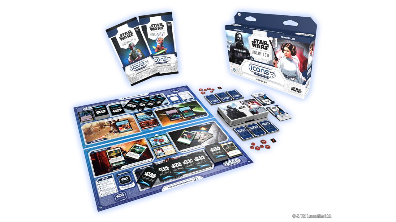 A two-player Star Wars Unlimited Icons boxed set beside a board and booster packs
