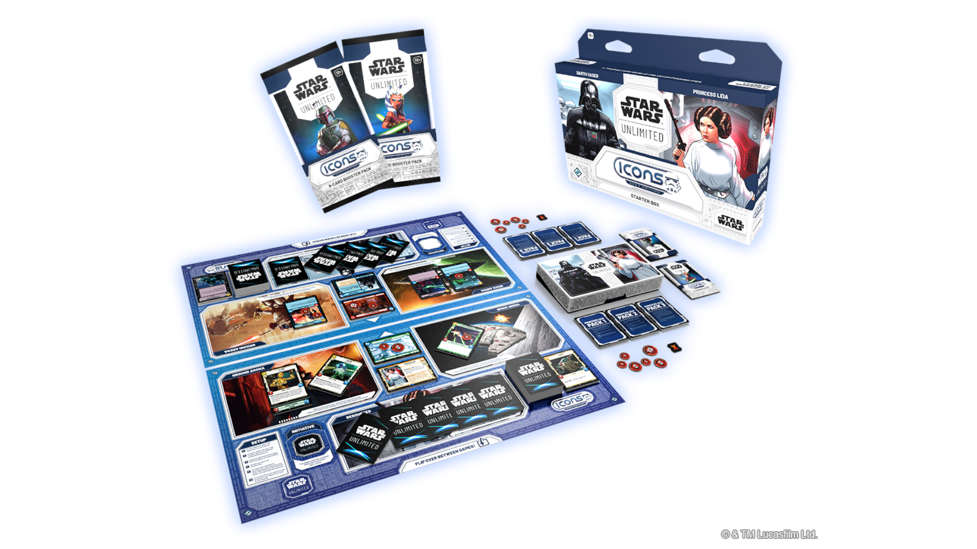 A two-player Star Wars Unlimited Icons boxed set beside a board and booster packs