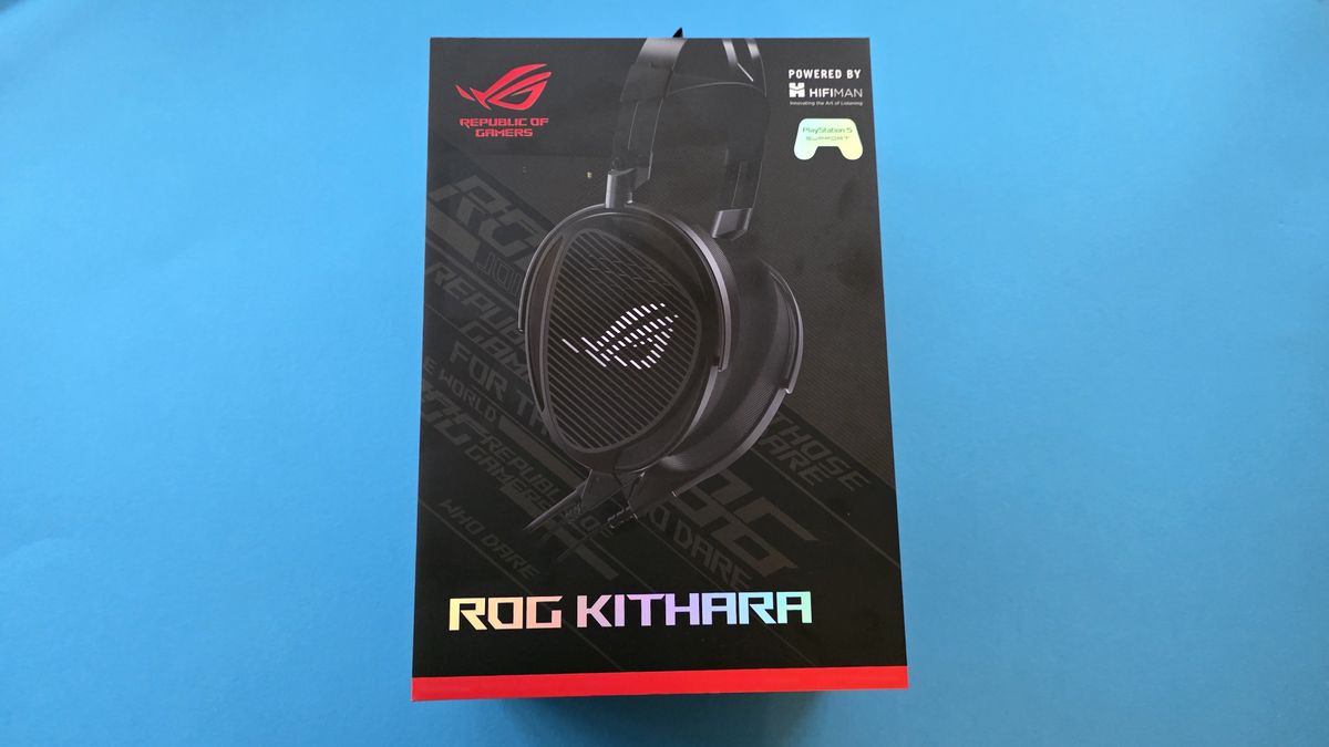 Box of ROG Kithara gaming headphones with Republic of Gamers branding and product image, set against a blue background.