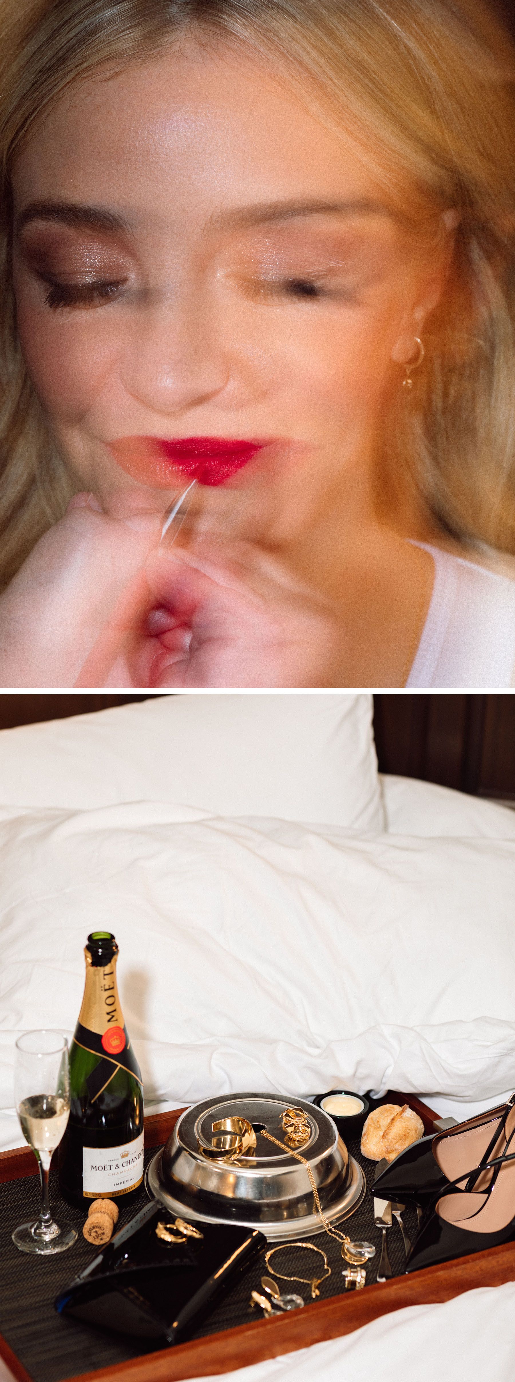 Top: Image of Abby Elliott getting lipstick applied. The image has a slight stylistic blur to it. Bottom: A still life shot of Abby Elliott's shoes and jewelry staged on a room service tray with champagne.
