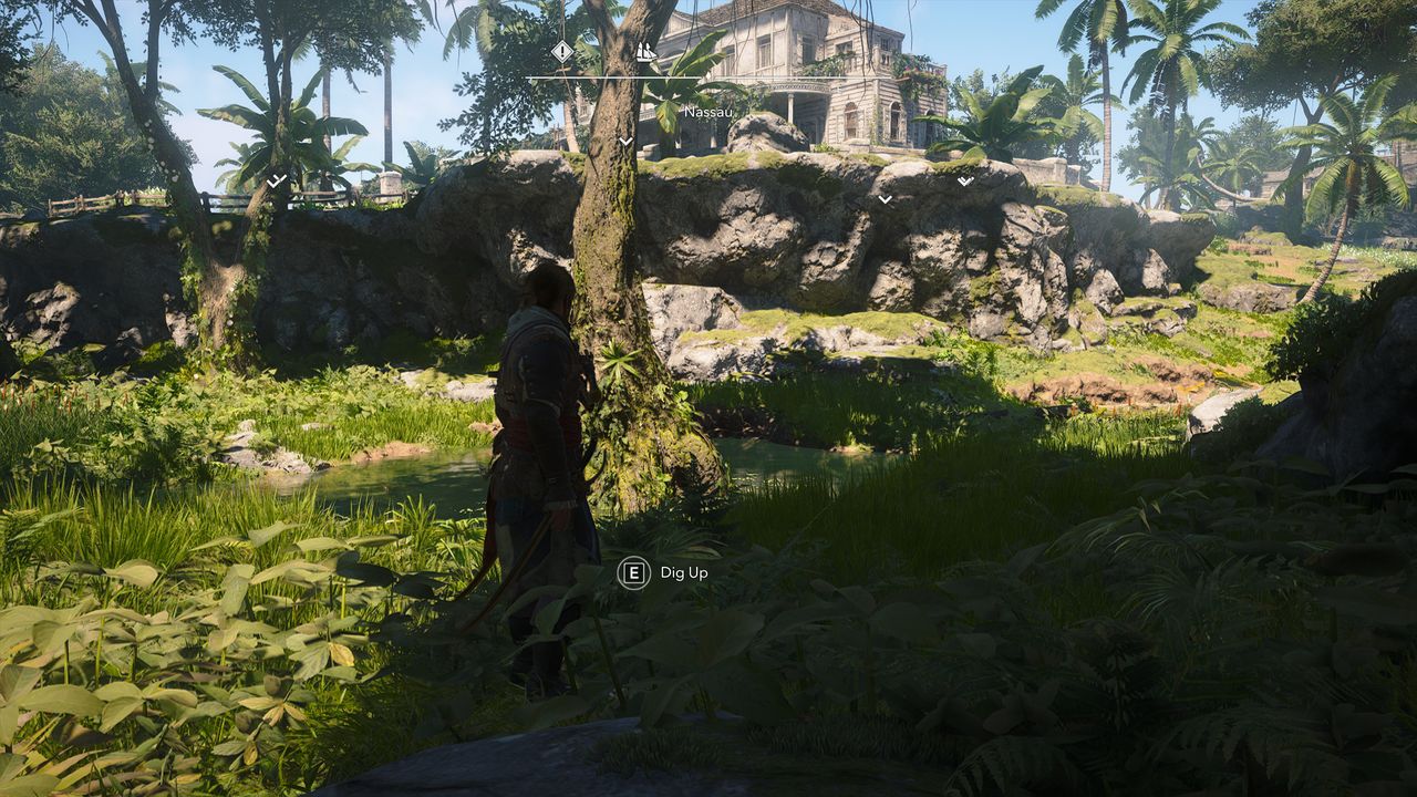 Black Flag treasure maps: Edward stood next to a crooked tree with a large white manor on the hill ahead.