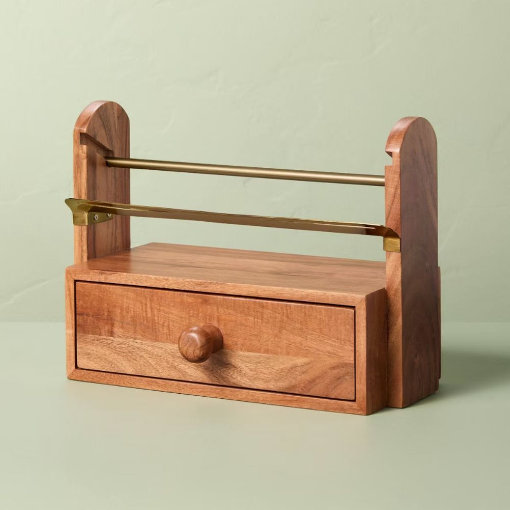 Wood and brass ribbon holder with drawer by Joanna Gaines for Target