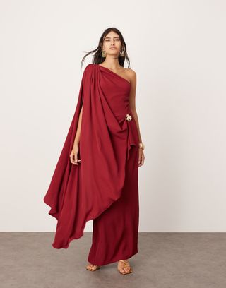 Asos Edition Draped One Shoulder Maxi Dress With Gold Trim Detail in Burgundy Red