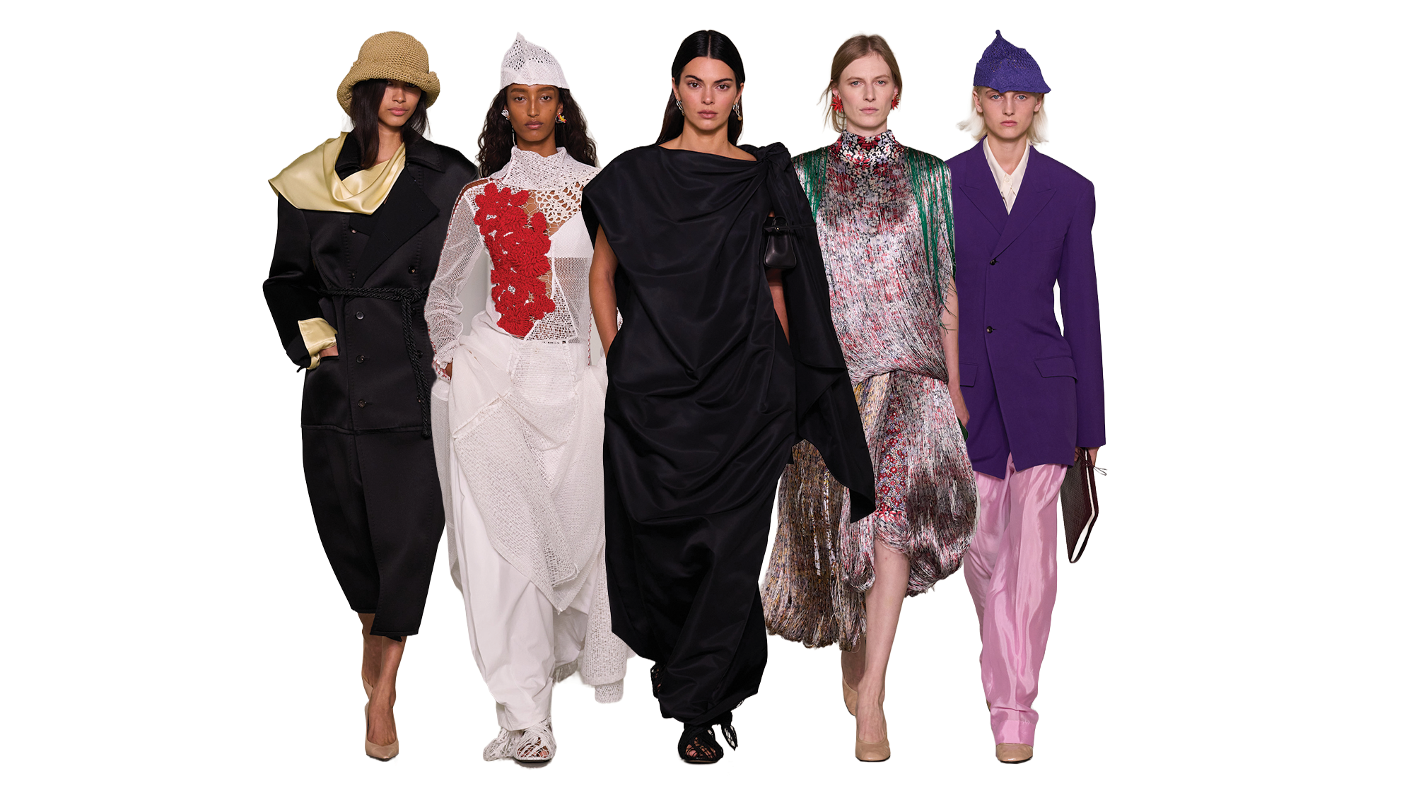 A collage of five standout looks from the Bottega Veneta Spring/Summer 2027 show during Milan Fashion Week. 