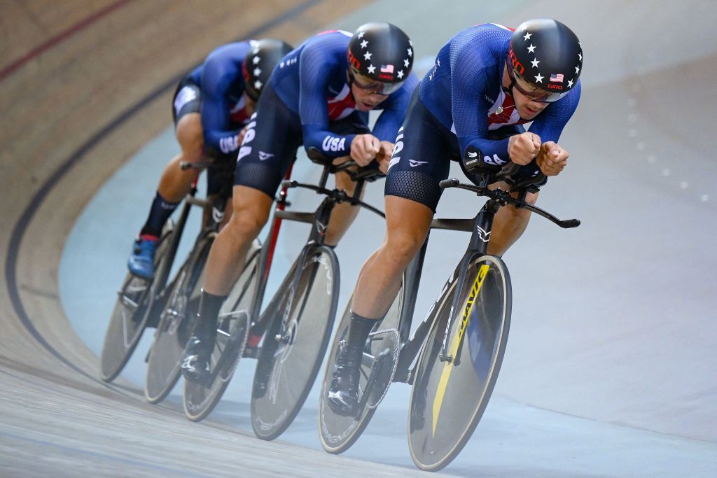 David Domonoske, Anders Johnson, Grant Koontz and Brendan Rhim compete in the Men&#039;s Team Pursuit qualifying during the 2022 UCI Track Cycling World Championships