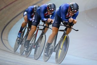 David Domonoske, Anders Johnson, Grant Koontz and Brendan Rhim compete in the Men's Team Pursuit qualifying during the 2022 UCI Track Cycling World Championships