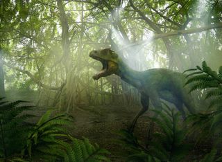 Dinosaur roaring in forest