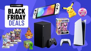 gaming consoles and merch on a blue background with Black Friday deals badge