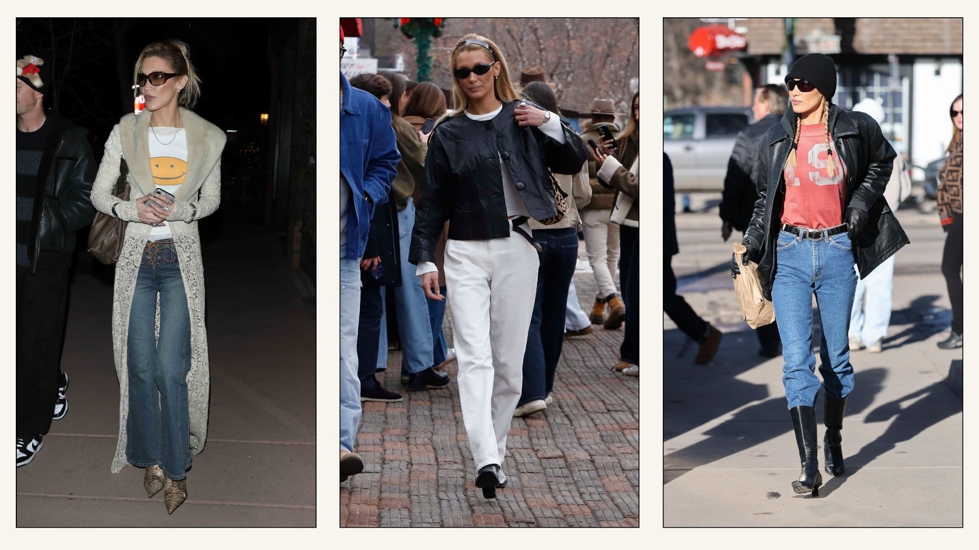Collage of Bella Hadid wearing jeans and boots trends.