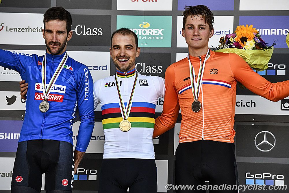L to r: Gerhard Kerschbaumer, Nino Schurter, Mathieu van der Poel
