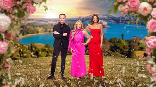 The show's experts standing in fancy outfits against a background with Sydney Harbour Bridge in the distance. 