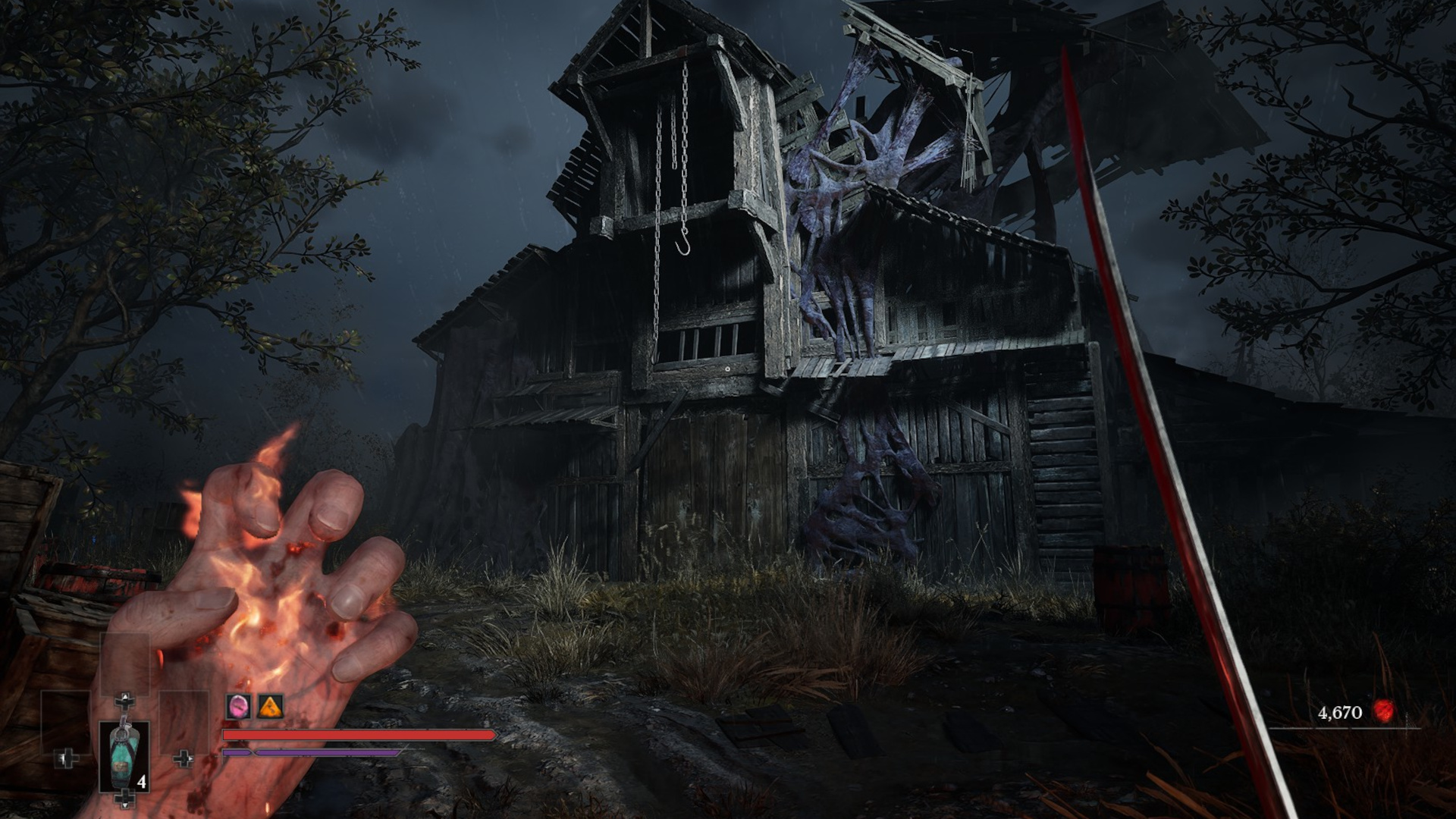 Approaching a moody shack at night in Valor Mortis, which is partially covered in a web-like black goo