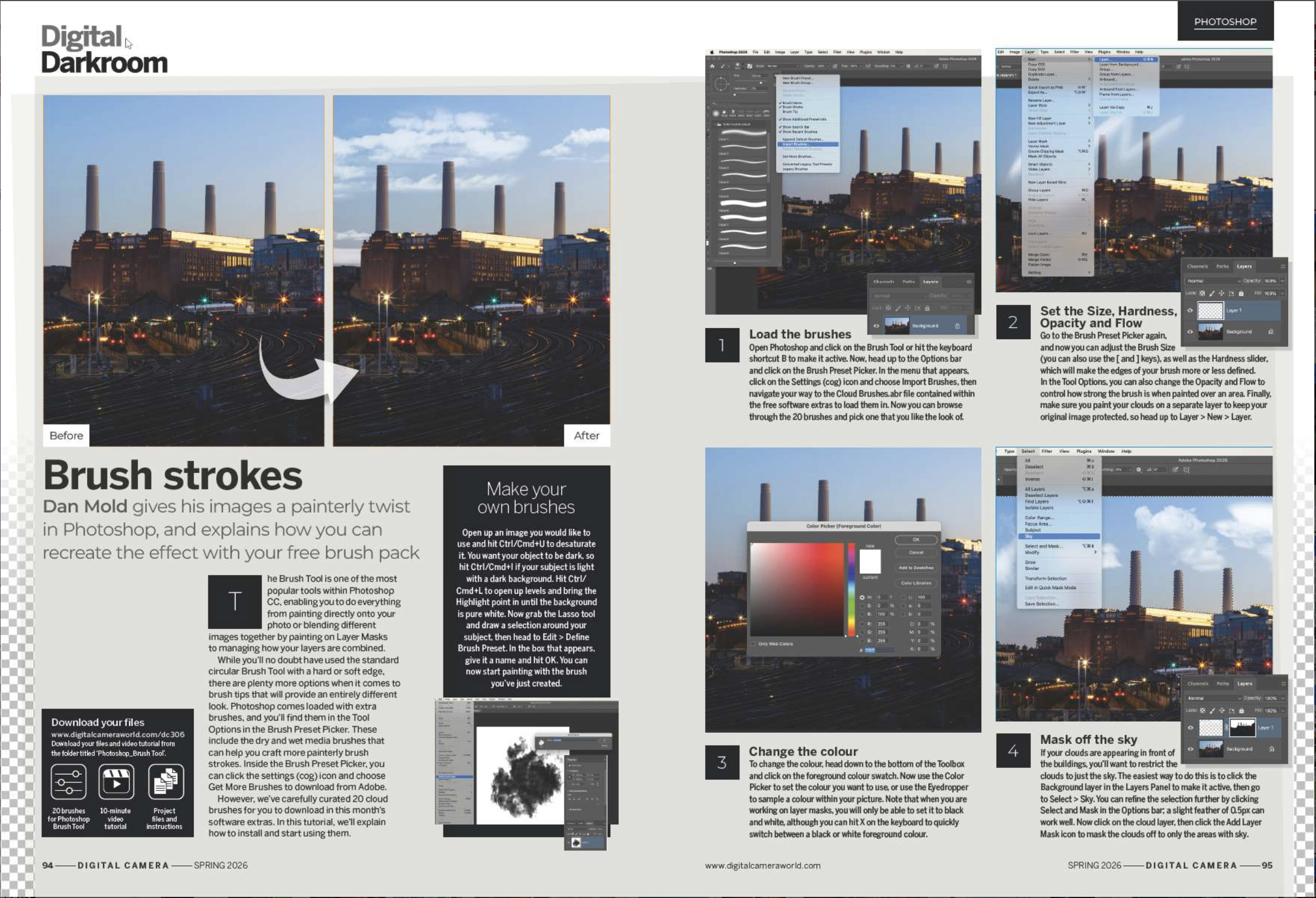 Image showing the Essentials tutorial in issue 306 (Spring 2026) of Digital Camera magazine, showing how to use the Brush Tool in Adobe Photoshop to give your images a painterly twist