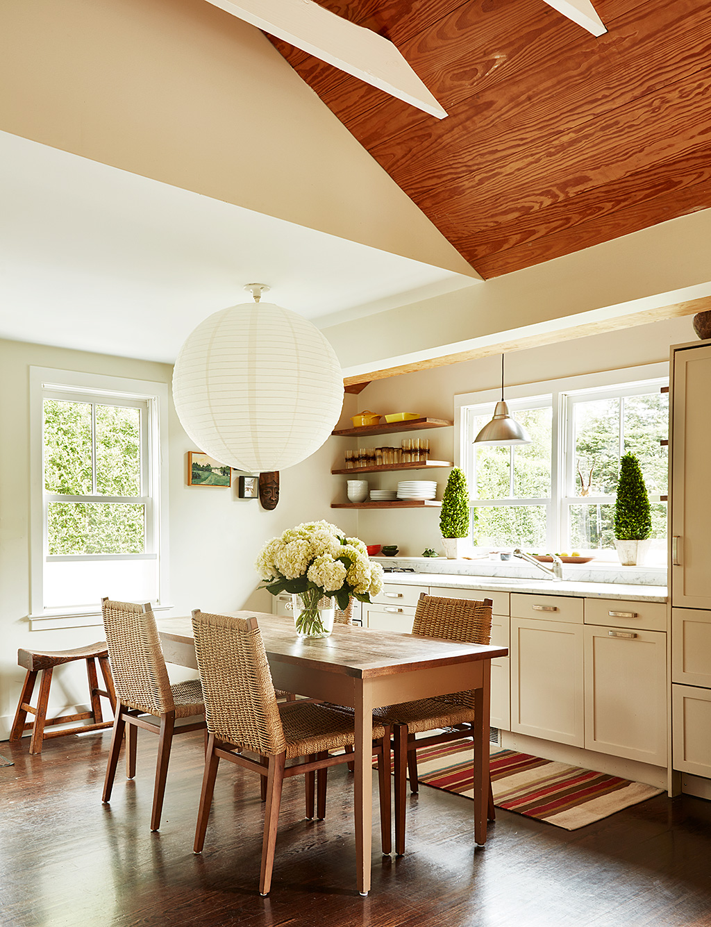 A kitchen hidden storage in beams