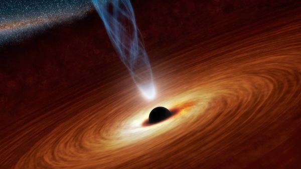 Artist&#039;s illustration of a supermassive black hole emitting a jet of energetic particles. Such black holes are also strong emitters of X-ray light, which is apparently reflected off gas and dust in the surrounding accretion disk..