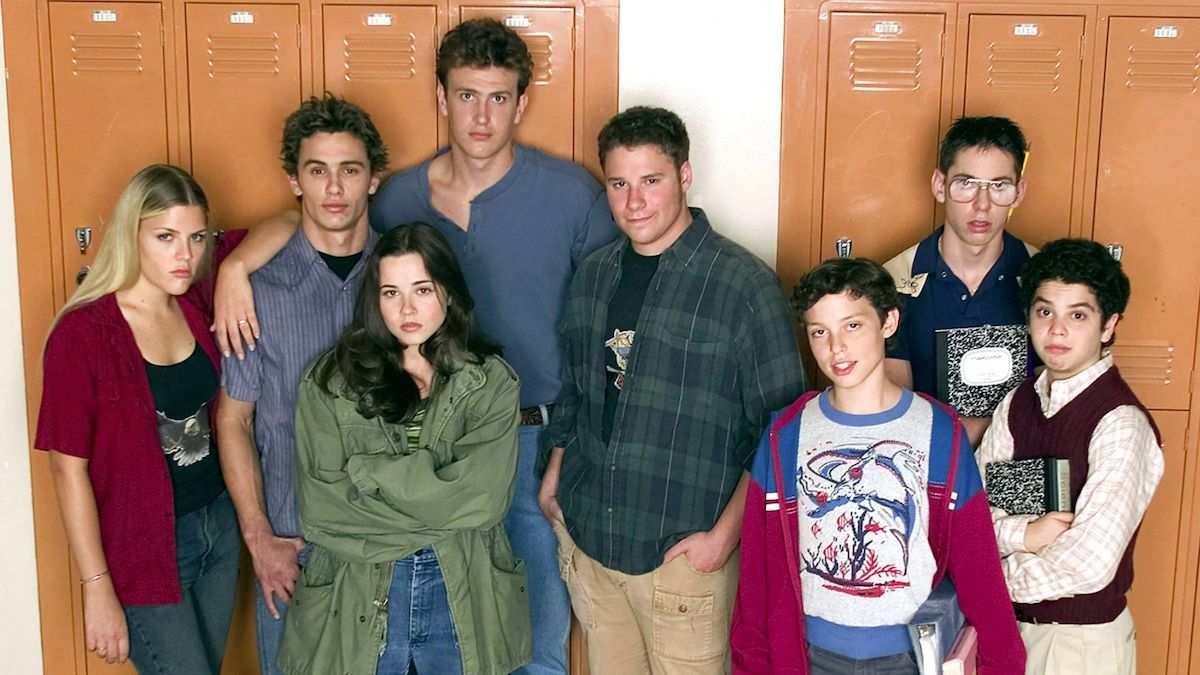 Some of the cast of &#039;Freaks and Geeks&#039; stand in front of school lockers. 