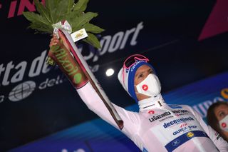 CAMIGLIATELLO SILANO ITALY OCTOBER 07 Podium Joao Almeida of Portugal and Team Deceuninck QuickStep White Best Young Jersey Celebration during the 103rd Giro dItalia 2020 Stage 5 a 225km stage from Mileto to Camigliatello Silano 1275m girodiitalia Giro on October 07 2020 in Camigliatello Silano Italy Photo by Tim de WaeleGetty Images