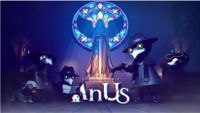 Key art for the game "In Us" showing four hooded, bird-masked exorcist characters before a glowing stained-glass window, with the tightly kerned title logo beneath them appearing to spell 'Anus'.
