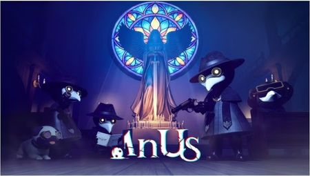 Key art for the game "In Us" showing four hooded, bird-masked exorcist characters before a glowing stained-glass window, with the tightly kerned title logo beneath them appearing to spell 'Anus'.