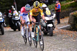 OUDENAARDE BELGIUM OCTOBER 18 Wout Van Aert of Belgium and Team Team Jumbo Visma Mathieu Van Der Poel of The Netherlands and Team AlpecinFenix Breakaway Cobblestones during the 104th Tour of Flanders 2020 Ronde van Vlaanderen Men Elite a 2433km race from Antwerpen to Oudenaarde RVV20 FlandersClassic on October 18 2020 in Oudenaarde Belgium Photo by Luc ClaessenGetty Images